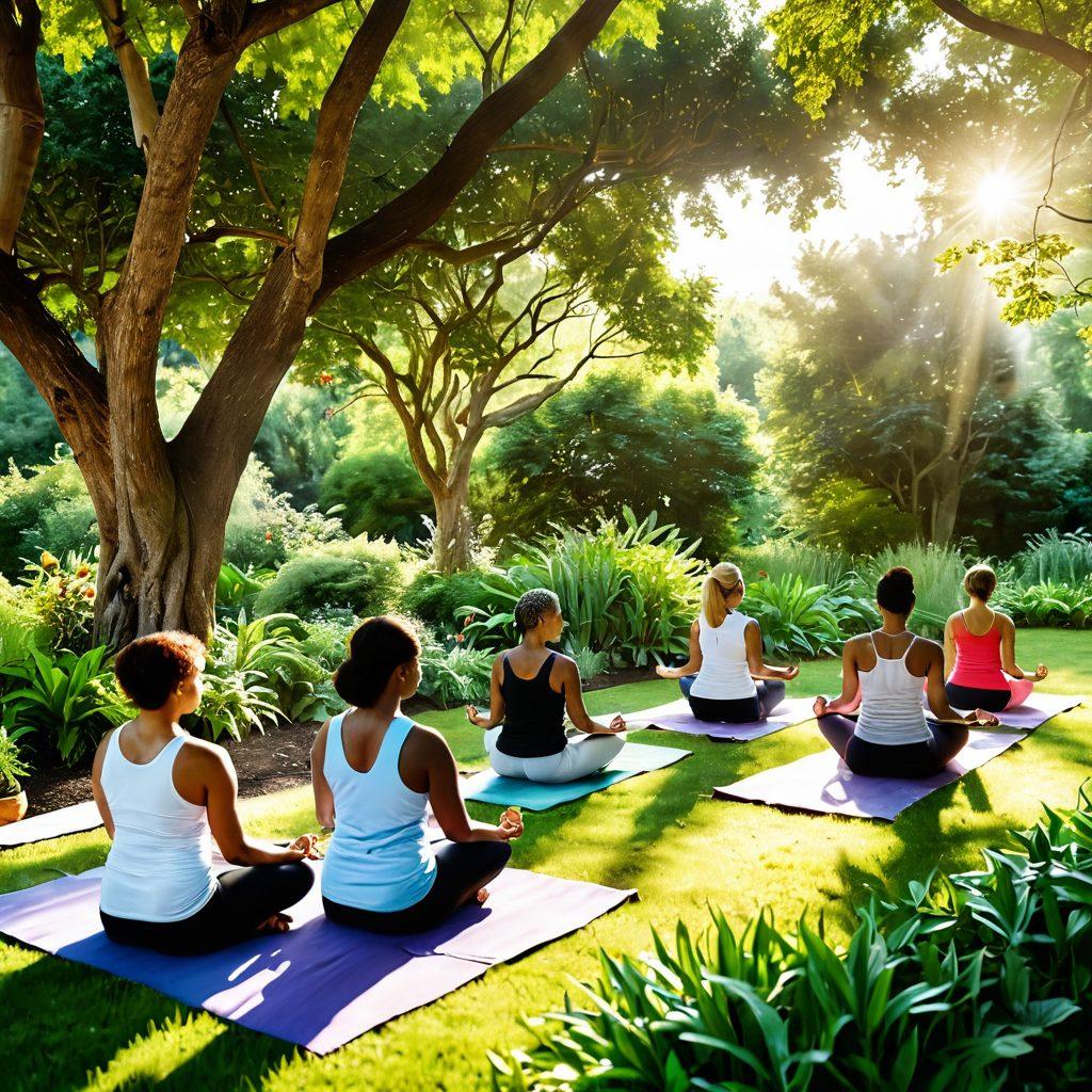 A serene scene of a diverse group of people engaging in holistic cancer prevention activities, such as yoga, healthy cooking, and gardening in a lush green environment. Incorporate soft sunlight filtering through trees to create a warm and hopeful atmosphere, showing support and togetherness. Include symbols of healing like plants, nutrition, and mindfulness. super-realistic. vibrant colors. natural setting.
