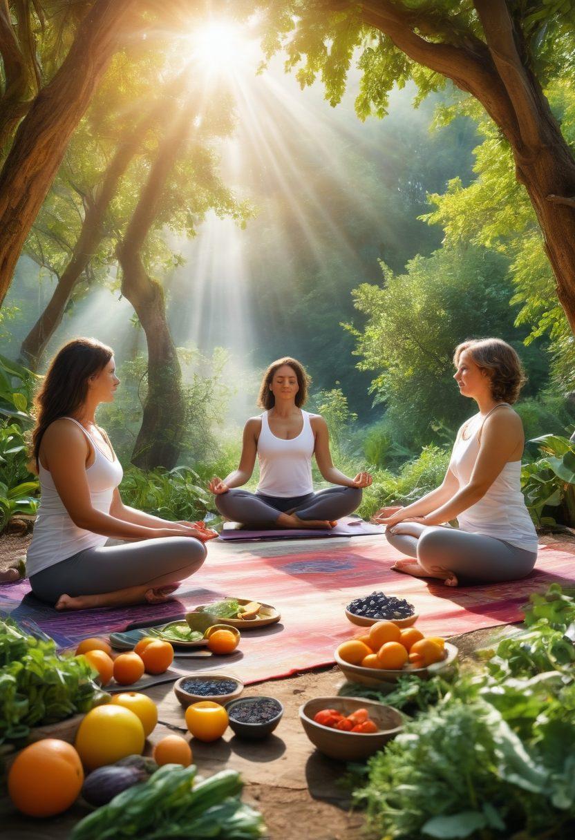 A vibrant, serene scene depicting a diverse group of individuals engaged in a variety of holistic health practices, including yoga, cooking nutritious meals, and meditating outdoors. Include fresh fruits and vegetables, herbal teas, and wellness tools like essential oils and crystals. The background should showcase a peaceful natural environment with sunlight filtering through trees, symbolizing health and empowerment. super-realistic. vibrant colors. natural setting.